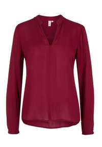 Bordeaux långärmad blus med splittring i halsen, lättviktig tyg, lös passform och subtila veck framtill. Inga synliga mönster eller detaljer.