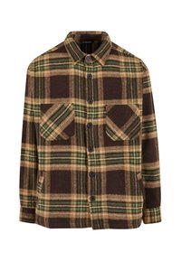 Brun og grønternet flannel skjorte med krave, to brystlommer og knaplukning. Blød tekstur, lange ærmer og afslappet pasform.