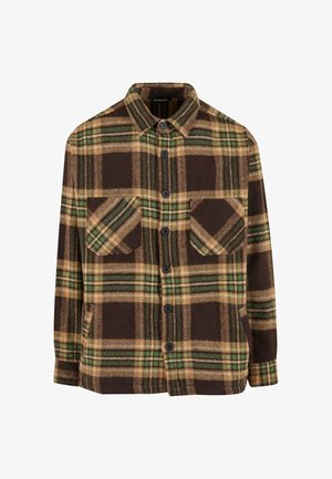 Brown and green plaid flannel shirt with a collar, two chest pockets, and button closure. Soft texture, long sleeves, and relaxed fit.