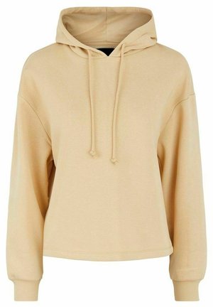 Sweat-shirt à capuche beige à manches longues, col à cordon de serrage et poignets côtelés. Texture lisse et coupe décontractée.