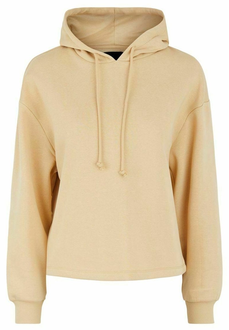 Sweat-shirt à capuche beige à manches longues, col à cordon de serrage et poignets côtelés. Texture lisse et coupe décontractée.