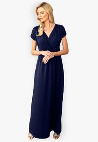 Marineblaues, knöchellanges Kleid mit Wickeldesign, kurzen Ärmeln und weichem Stoff. Es hat einen V-Ausschnitt und eine fließende Silhouette.