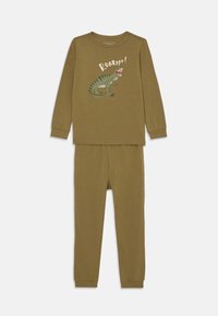 Olivenfarbene Pyjama-Set mit einem langärmeligen Oberteil, das ein Dinosaurier-Graphic und Text zeigt, kombiniert mit passenden engen Hosen. Aus weichem Baumwollmaterial.