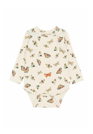 Body z długim rękawem w kremowym kolorze, z nadrukiem motyli w różnych kolorach. Zapięcia na snapy na dole ułatwiające zakładanie.