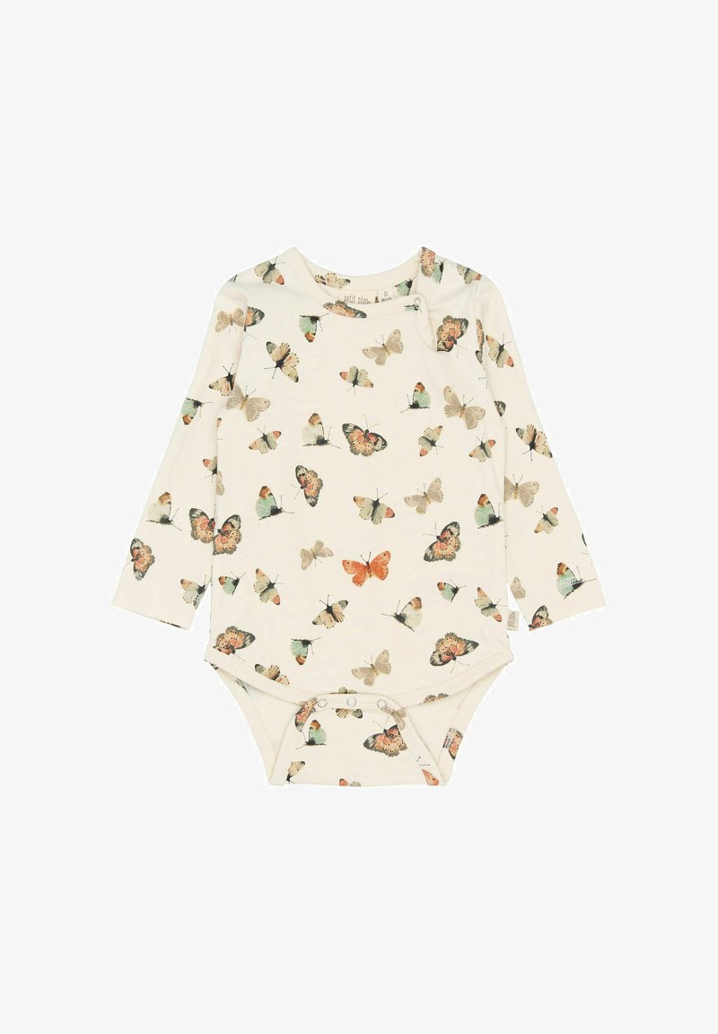 Body à manches longues en crème, présentant un imprimé papillon multicolore sur l'ensemble. Fermetures à pression en bas pour un habillage facile.