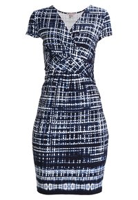 Sukienka kopertowa w granatowo-białym materiale, z geometrycznym wzorem, krótkimi rękawami, dekoltem w kształcie V oraz dopasowanym krojem.