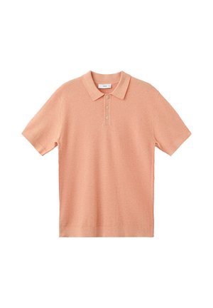 Short-sleeve peach polo shirt with three buttons and a collar, displayed against a white background.