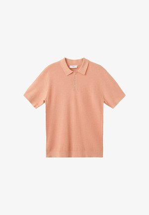 Short-sleeve peach polo shirt with three buttons and a collar, displayed against a white background.