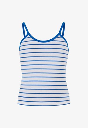Biała koszulka bez rękawów w niebieskie poziome paski, z cienkimi ramiączkami i okrągłym dekoltem. Wykonana z prążkowanego materiału, co nadaje jej dopasowany wygląd.