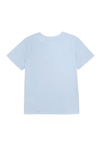 Lichtblauwe T-shirt, korte mouwen, ronde hals, zachte katoenmateriaal, effen ontwerp, geen patronen of accenten, weergegeven vanaf de achterkant.