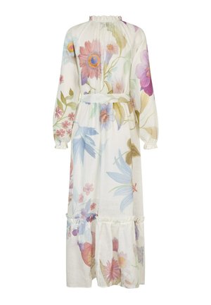 Keresinööridega lilleline kleit kerge kangaga, millel on valge taust ja värvilised botaanilised trükked, volangiga kaelus ja kihiline alumine serv.