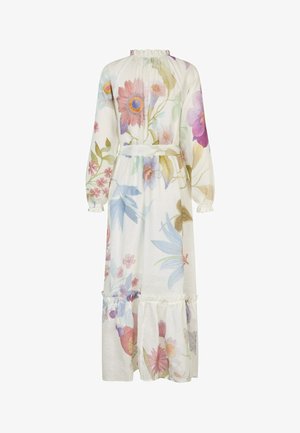 Jurkje met lange mouwen van lichtgewicht stof, met een witte basis en kleurrijke botanische prints, een ruches-halslijn en een gelaagde zoom.