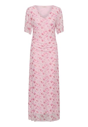 Pink floral midi dress with V-neck, short puff sleeves, and gathered waist detailing on a white background.