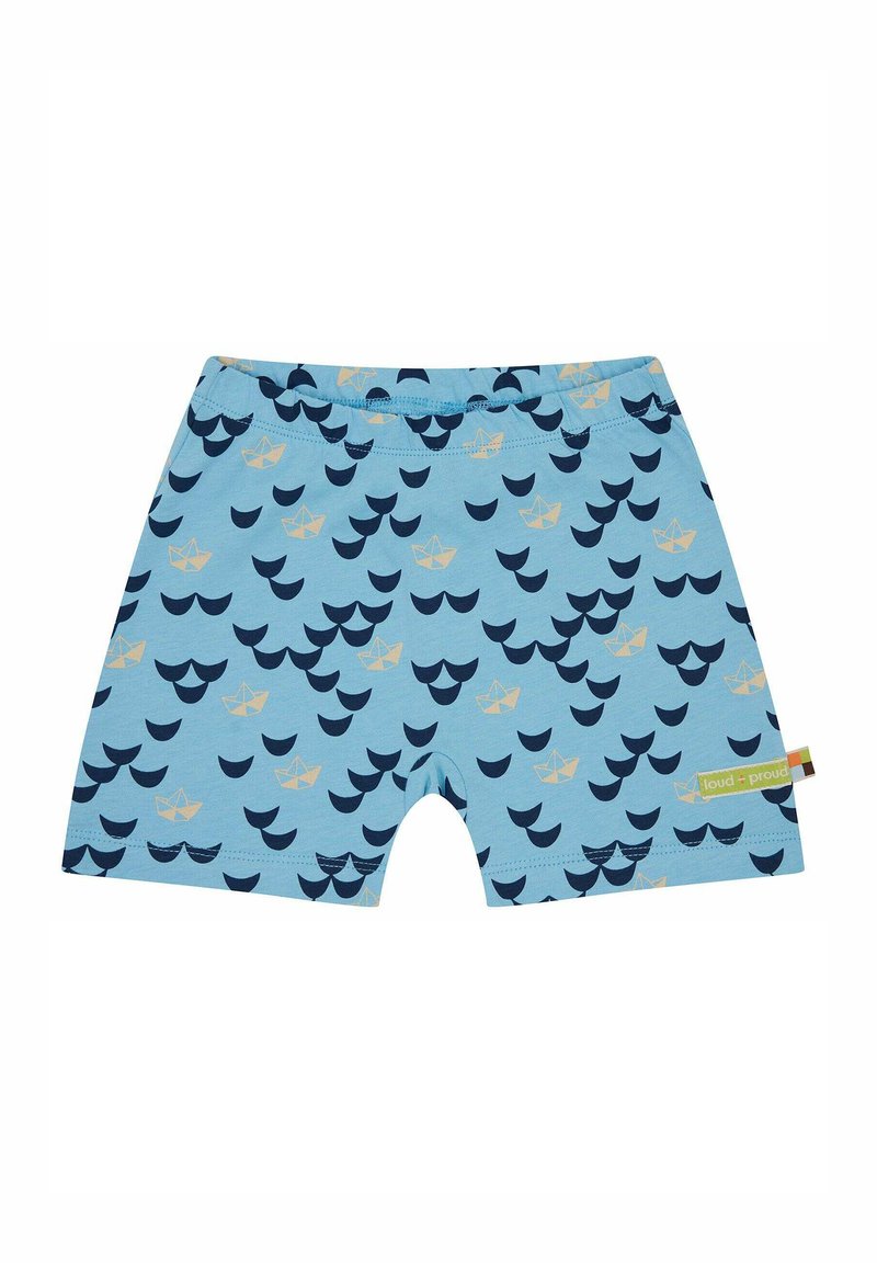 Shorts di cotone azzurro chiaro con un motivo di onde navy e barche color crema. Inclusi un elastico in vita e un'etichetta laterale.