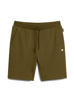 Casual korte broek in olijfgroen met elastische tailleband, trekkoord, zijzakken en een klein rechthoekig logo op het rechterbeen.