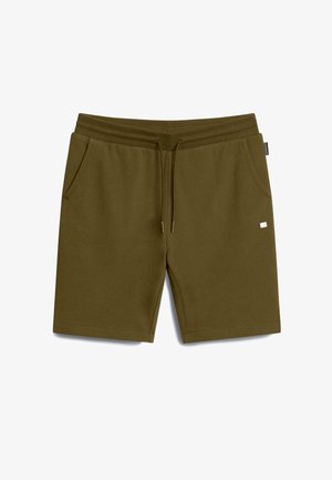 Pantaloncini casual verde oliva con vita elasticizzata, coulisse, tasche laterali e piccolo logo rettangolare sulla gamba destra.