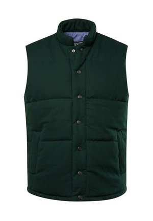 Gilet imbottito verde con colletto alto, dotato di chiusura con bottoni a pressione, due tasche laterali e una fodera interna di un blu chiaro a contrasto.
