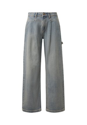 Light blue wide-leg denim jeans with high waist, front pleats, belt loops, button closure, and a side tool loop on the right leg.