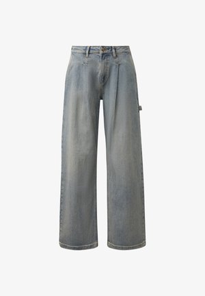 Lichtblauwe denim jeans met wijde pijpen, een hoge taille, plooien aan de voorkant, lussen voor een riem, knoopsluiting en een zijlus voor gereedschap aan het rechterbeen.