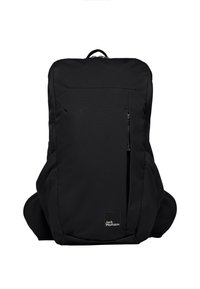 Black backpack with a smooth fabric texture, features a front zippered pocket, padded shoulder straps, and a logo patch at the bottom.