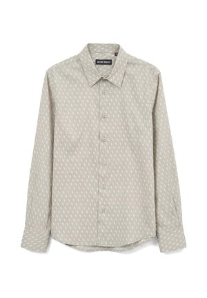 Chemise beige à manches longues avec boutons, petit motif de tirets blancs, col pointu et poignets boutonnés, étiquette Antony Morato.