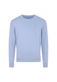 Maglione a maniche lunghe azzurro chiaro con collo rotondo, dotato di polsini e orlo a costine, caratterizzato da un piccolo logo rosso e bianco sul lato sinistro del petto.