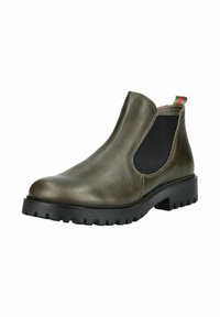 Botas Chelsea de cuero verde olivo con paneles laterales elásticos y tira de agarre, que cuentan con una suela de goma negra texturizada con patrones de agarre.
