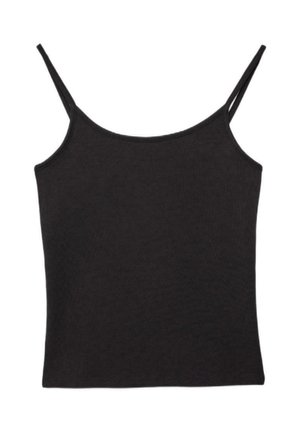 Črn rebrast zgornji del majice s tankimi dvojimi naramnicami in ravnim izrezom, položen na belem ozadju.