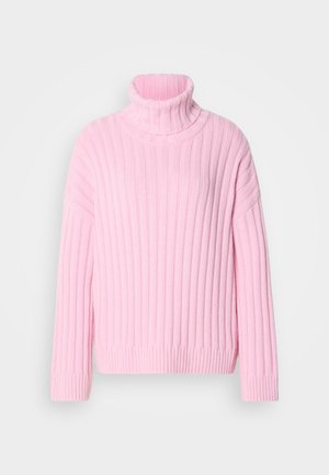 Roze geribbelde coltrui met lange mouwen en een ontspannen pasvorm. Gemaakt van een zachte gebreide stof met een lichte textuur.