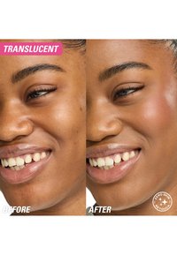 Translucent skin product comparison: left shows uneven texture, right reveals smoother, glowing skin. Both images feature natural lighting.