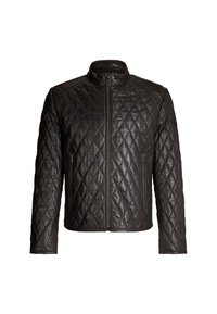 Dunkelbraune, gesteppten Lederjacke mit Frontreißverschluss, Stehkragen, langen Ärmeln und seitlichen Reißverschlusstaschen.