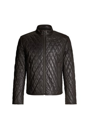 Donkerbruine gewatteerde leren jas met voorrits, staande kraag, lange mouwen en ritszakken aan de zijkant.