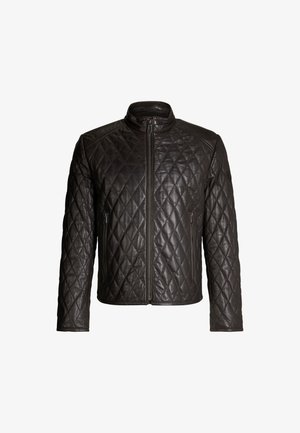 Giacca in pelle trapuntata marrone scuro con zip anteriore, colletto alto, maniche lunghe e tasche laterali con zip.