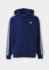 Navy blauwe hoodie van katoenmix, met witte zijkanten, een verstelbare trekkoordkap en een voorste kangoeroezak.