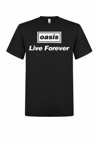 Sort bomulds T-shirt med hvid tekst, der læser "oasis" og "Live Forever." Klassisk crew neck design, korte ærmer og en regular fit.