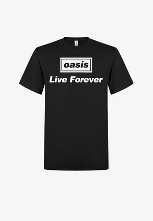 Musta puuvillapaita, jossa on valkoinen teksti "oasis" ja "Live Forever". Klassinen pyöreä pääntie, lyhyet hihat ja normaali istuvuus.