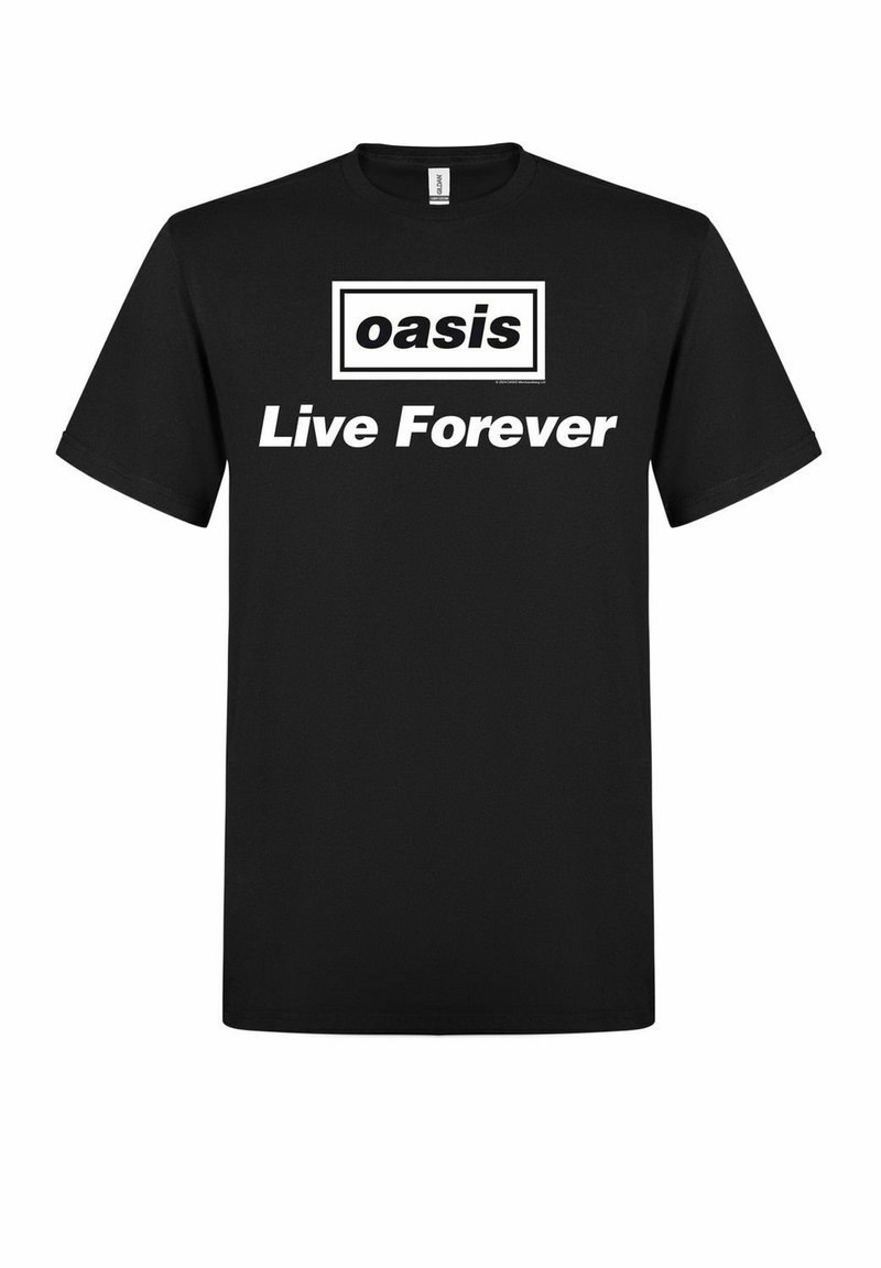 Sort bomulds T-shirt med hvid tekst, der læser "oasis" og "Live Forever." Klassisk crew neck design, korte ærmer og en regular fit.