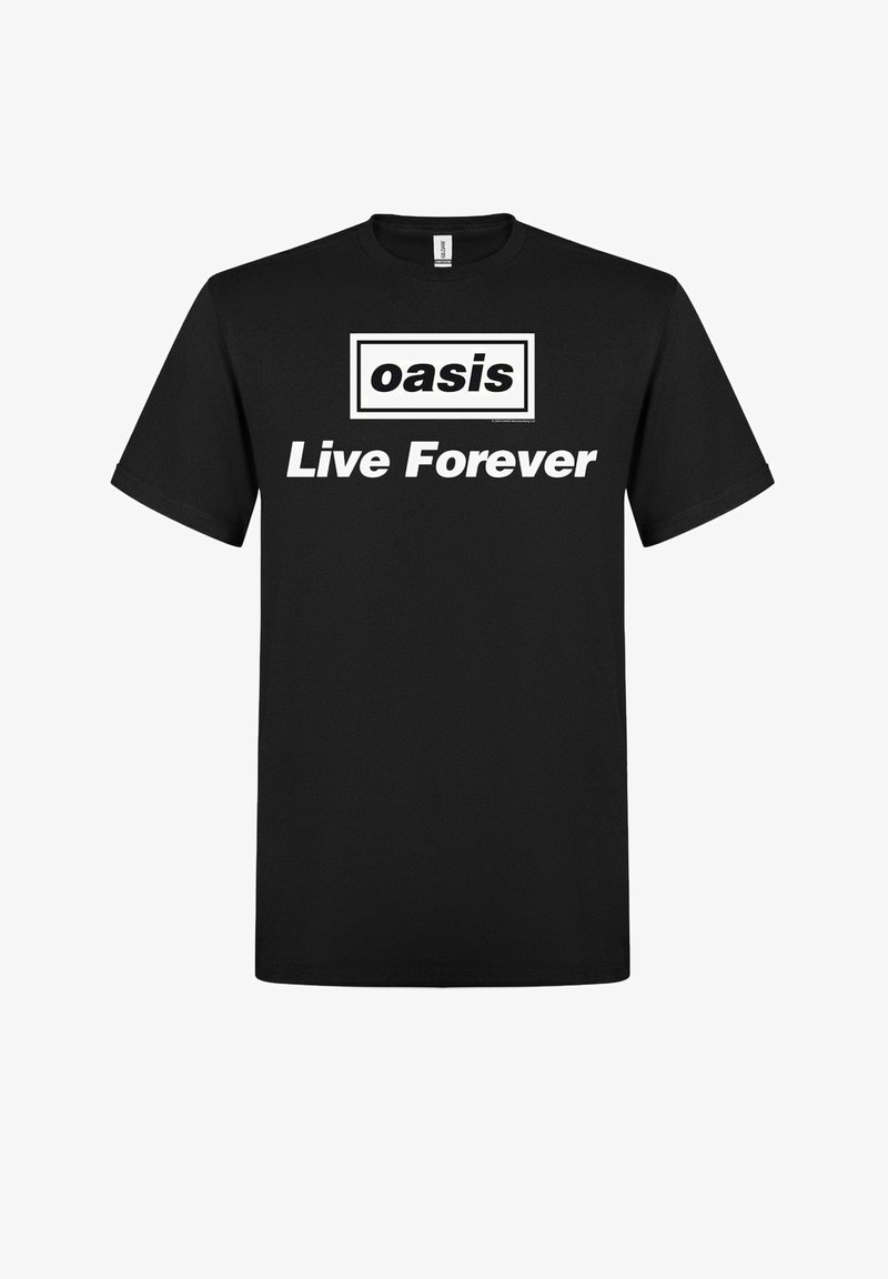 Černé bavlněné tričko s bílým textem "oasis" a "Live Forever." Klasický design s kulatým výstřihem, krátkými rukávy a standardním střihem.