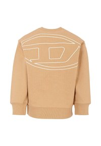 Felpa beige con orlo e polsini a coste. Presenta un grande logo bianco contornato sul retro. Texture morbida, design con collo rotondo.