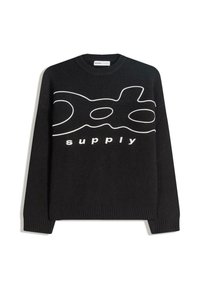 Czarny sweter z białym nadrukiem tekstowym "supply", ściągaczami na rękawach i dole, wykonany z miękkiego, dzianinowego materiału.