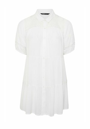Weißes, kurzärmeliges Hemdkleid mit Knopfleiste, Kragen, Spitzenpasse und gerafften Stufen für eine lockere Passform.