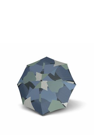 Umbrella with a geometric pattern in shades of blue, gray, green, and black, displayed open on a white background.