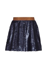 Granatowa spódnica z cekinami o błyszczącej, teksturowanej powierzchni oraz złotą, błyszczącą elastyczną talią, charakteryzująca się rozkloszowanym kształtem i długością do kolan.