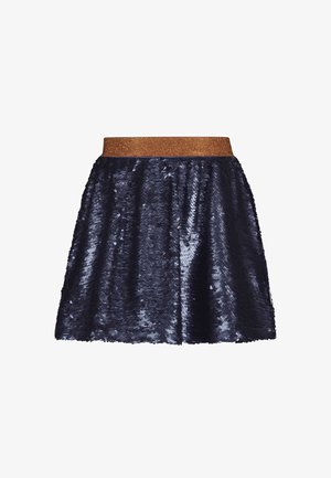 Námořnická sukně s flitry, se světlým, texturovaným povrchem a zlatým elastickým pasem s třpytkami, s rozšířeným tvarem a délkou do kolen.
