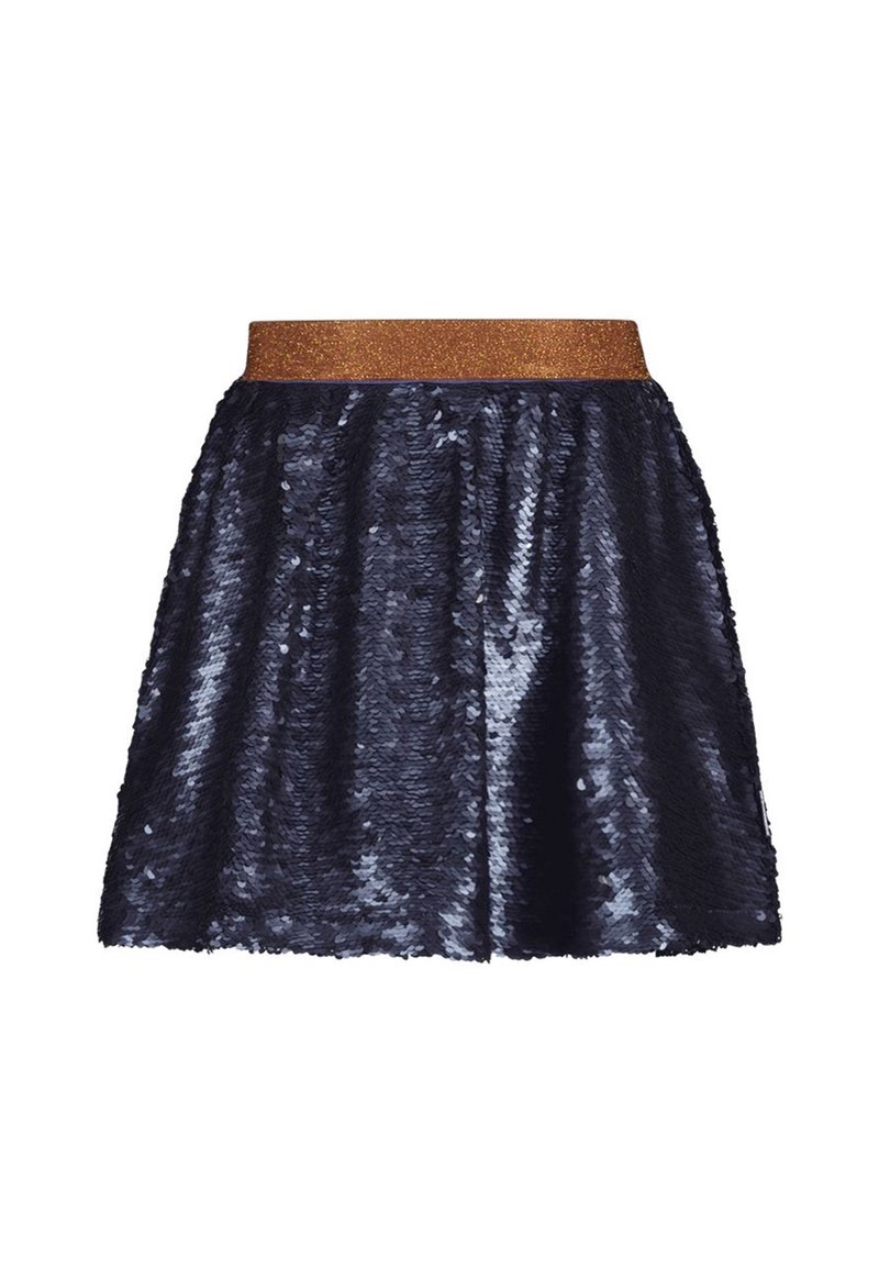 Granatowa spódnica z cekinami o błyszczącej, teksturowanej powierzchni oraz złotą, błyszczącą elastyczną talią, charakteryzująca się rozkloszowanym kształtem i długością do kolan.