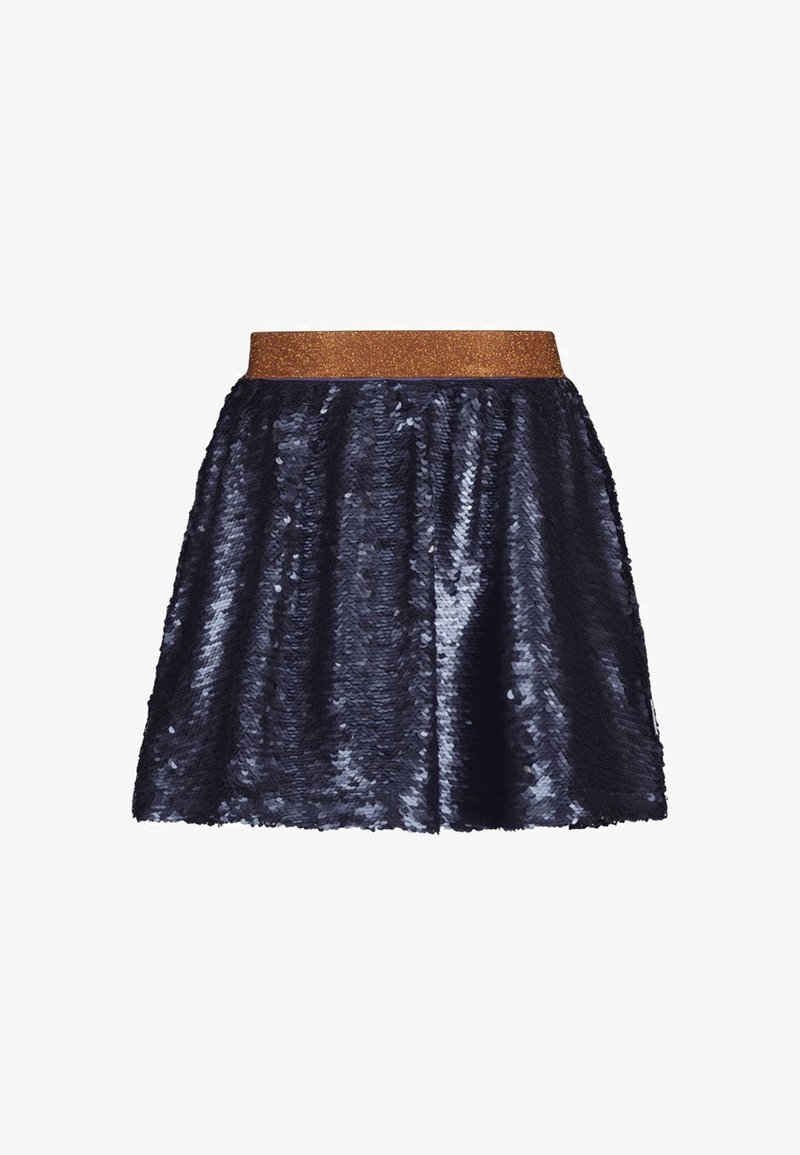 Granatowa spódnica z cekinami o błyszczącej, teksturowanej powierzchni oraz złotą, błyszczącą elastyczną talią, charakteryzująca się rozkloszowanym kształtem i długością do kolan.