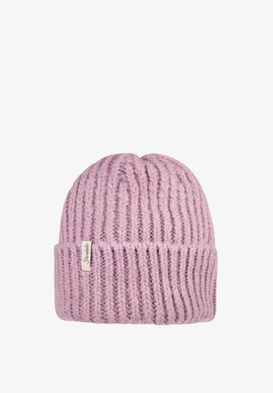 Pink knitted beanie with a ribbed texture and folded brim. Features a small white label sewn on the side. Soft wool-like material.