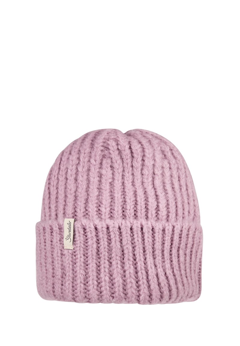 Pink knitted beanie with a ribbed texture and folded brim. Features a small white label sewn on the side. Soft wool-like material.