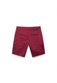 Pantaloni cargo color bordeaux in un tessuto resistente. Presentano due tasche posteriori e una tasca laterale cargo. Texture liscia con dettagli cuciti.