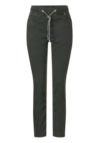 Pantalones verde oscuro con cintura ajustable, dos bolsillos frontales y un corte ajustado. Hechos de una tela suave con una textura lisa y un diseño minimalista.